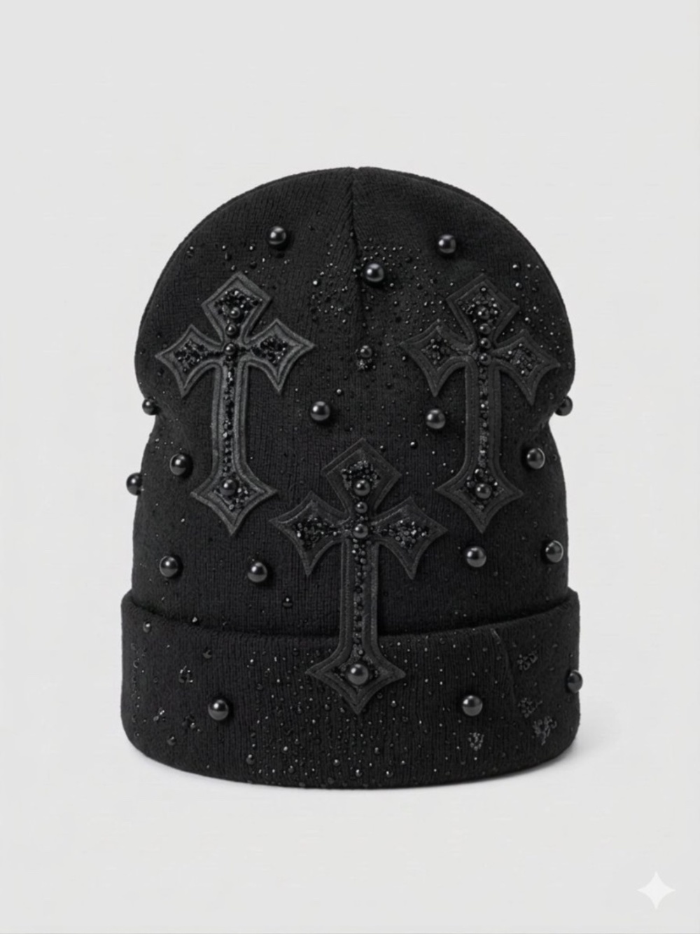 Gothic Rhinestone & Pearl Cross Beanie – Y2K Beaded Black Knit Skull Cap